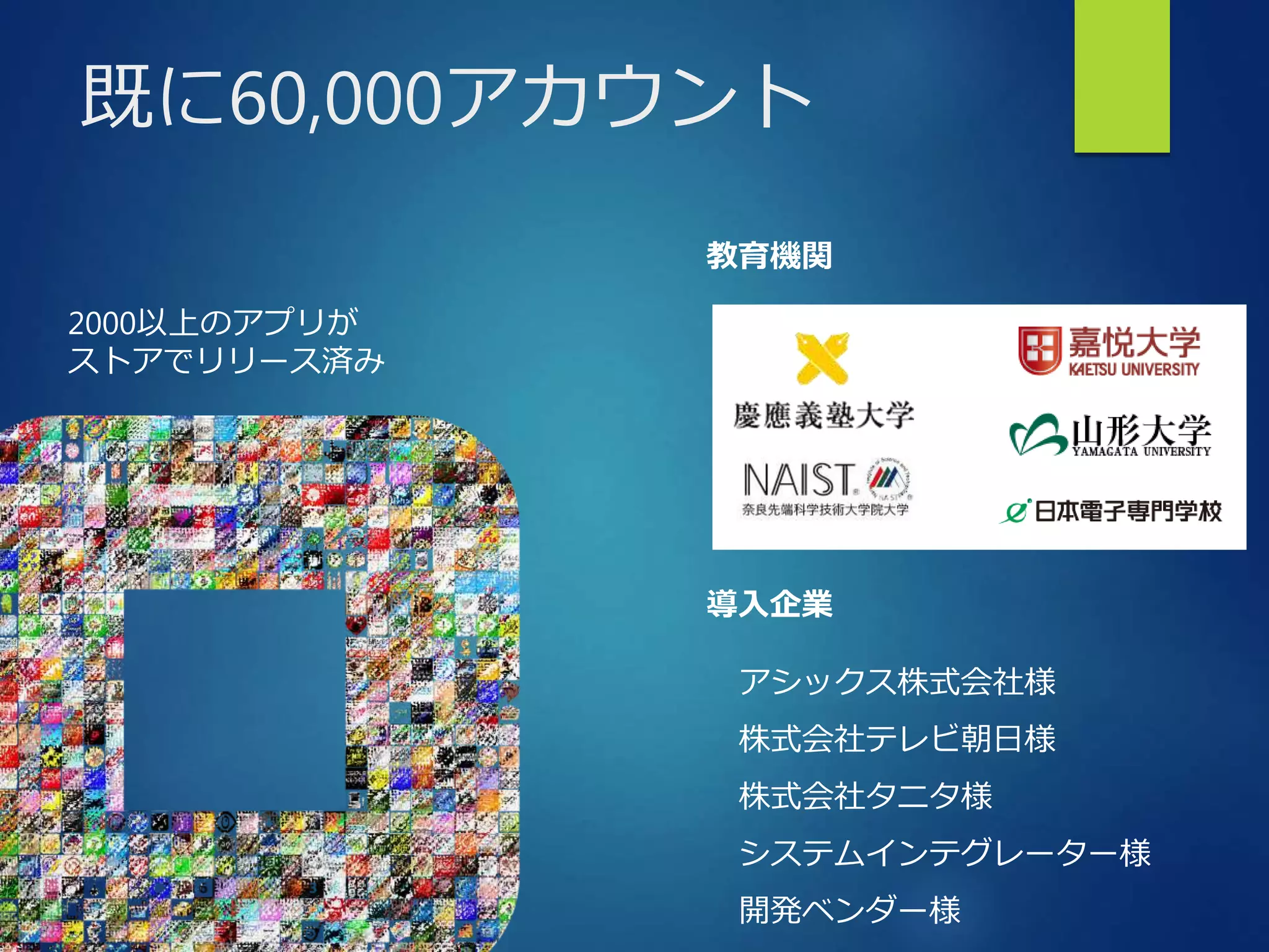 既に60,000アカウント 
2000以上のアプリが 
ストアでリリース済み 
教育機関 
導入企業 
アシックス株式会社様 
株式会社テレビ朝日様 
株式会社タニタ様 
システムインテグレーター様 
開発ベンダー様 
 