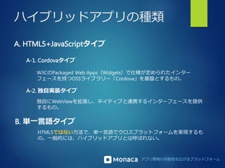 ハイブリッドアプリの種類 
W3CのPackaged Web Apps（Widgets）で仕様が定められたインター 
フェースを持つOSSライブラリー「Cordova」を基盤とするもの。 
独自にWebViewを拡張し、ネイティブと連携するインターフェースを提供 
するもの。 
アプリ開発の可能性を広げるプラットフォーム 
A. HTML5+JavaScriptタイプ 
A-1. Cordovaタイプ 
A-2. 独自実装タイプ 
B. 単一言語タイプ 
HTML5ではない方法で、単一言語でクロスプラットフォームを実現するも 
の。一般的には、ハイブリッドアプリとは呼ばれない。 
 
