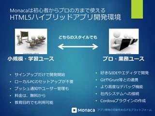 Monacaは初心者からプロの方まで使える 
HTML5ハイブリッドアプリ開発環境 
どちらのスタイルでも 
小規模・学習ユースプロ・業務ユース 
アプリ開発の可能性を広げるプラットフォーム 
• サインアップだけで開発開始 
• ローカルPCのセットアップが不要 
• プッシュ通知やユーザー管理も 
• 料金は、無料から 
• 教育目的でも利用可能 
• 好きなIDEやエディタで開発 
• GitやGrunt等との連携 
• より高度なデバッグ機能 
• 社内システムへの接続 
• Cordovaプラグインの作成 
 