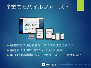 企業もモバイルファースト 
 最適なアプリを最適なデバイスで使えるように 
 業務アプリ（B2BやB2Eアプリ）の充実 
 BYOD：作業環境をパーソナライズし、生産性を向上 
アプリ開発の可能性を広げるプラットフォーム 
 