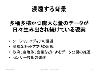 浸透する背景 
多種多様かつ膨大な量のデータが 
日々生み出され続けている現実 
• ソーシャルメディアの浸透 
• 多様なネットアプリの出現 
• 政府、自治体、企業などによるデータ公開の推進 
• センサー技術の発達 
ソーシャル・スクレイピング 
2014/10/26 15 
 