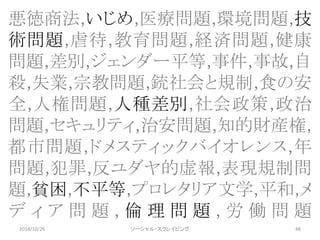 悪徳商法,いじめ,医療問題,環境問題,技 
術問題,虐待,教育問題,経済問題,健康 
問題,差別,ジェンダー平等,事件,事故,自 
殺,失業,宗教問題,銃社会と規制,食の安 
全,人権問題,人種差別,社会政策,政治 
問題,セキュリティ,治安問題,知的財産権, 
都市問題,ドメスティックバイオレンス,年 
問題,犯罪,反ユダヤ的虚報,表現規制問 
題,貧困,不平等,プロレタリア文学,平和,メ 
ディア問題, 倫理問題, 労働問題 
2014/10/26 ソーシャル・スクレイピング48 
 