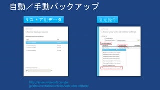 自動／手動バックアップ
復元操作リストア用データ
http://azure.microsoft.com/ja-
jp/documentation/articles/web-sites-restore/
 