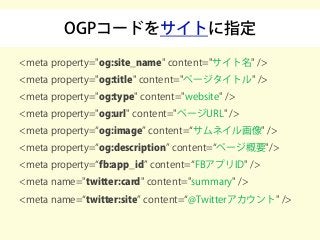 OGPコードをサイトに指定
<meta property="og:site_name" content="サイト名" />
<meta property="og:title" content="ページタイトル" />
<meta property="og:type" content="website" />
<meta property="og:url" content="ページURL" />
<meta property=“og:image” content=“サムネイル画像" />
<meta property=“og:description” content=“ページ概要"/>
<meta property=“fb:app_id” content=“FBアプリID" />
<meta name="twitter:card" content="summary" />
<meta name=“twitter:site” content=“@Twitterアカウント" />
 