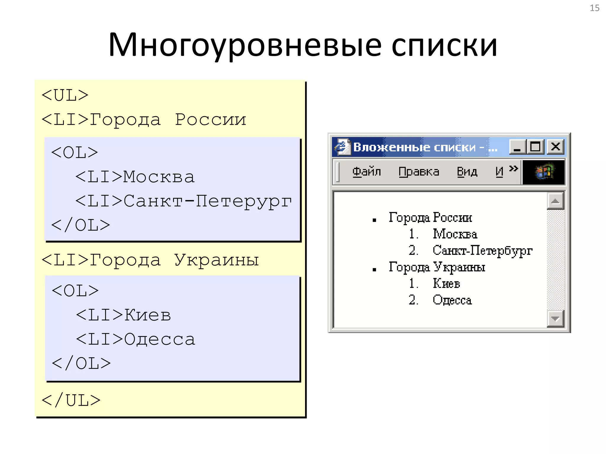 15
Многоуровневые списки
<UL>
<LI>Города России
<LI>Города Украины
</UL>
<OL>
<LI>Москва
<LI>Санкт-Петерург
</OL>
<OL>
<LI>Киев
<LI>Одесса
</OL>
 