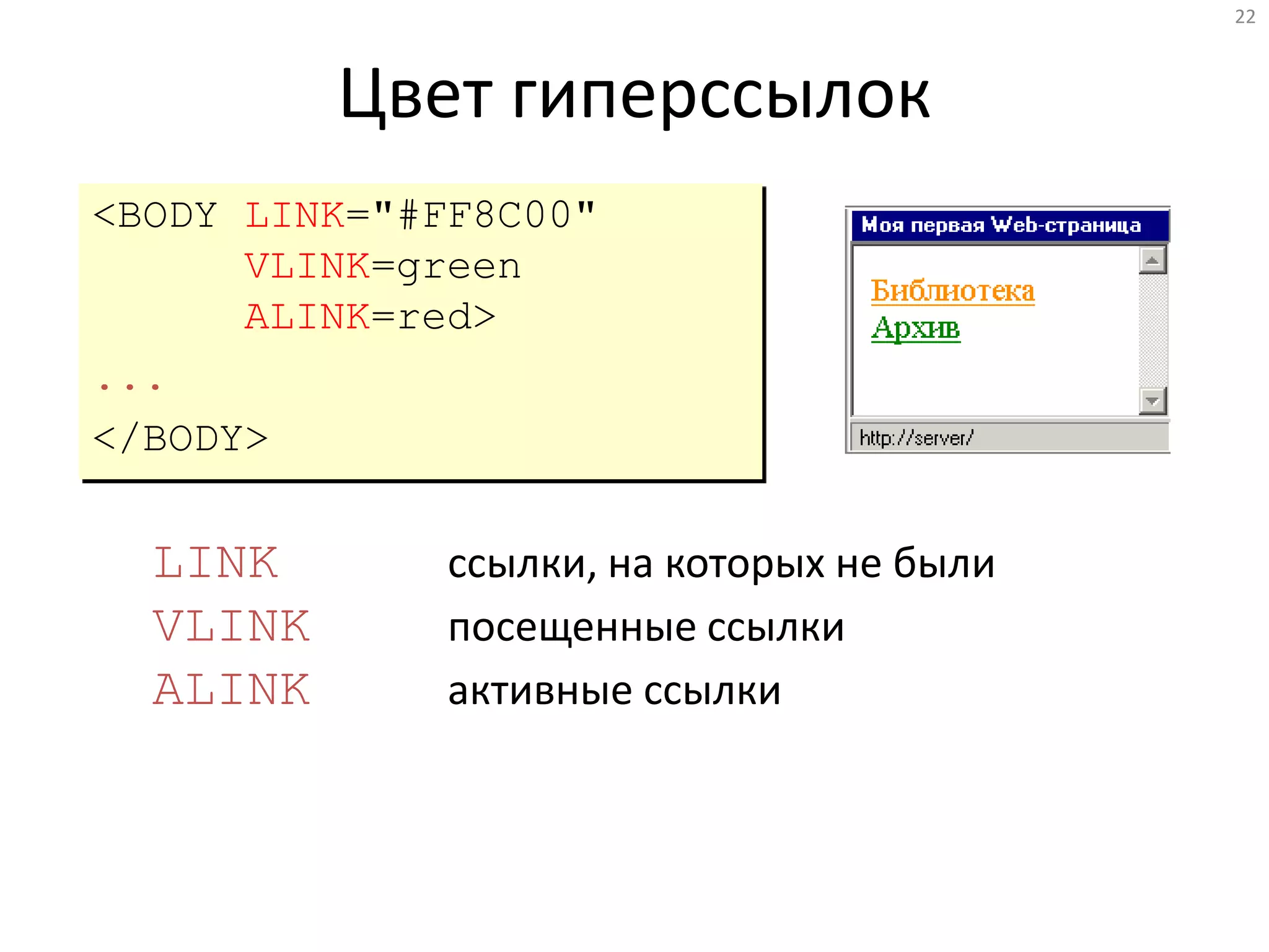 22
Цвет гиперссылок
<BODY LINK="#FF8C00"
VLINK=green
ALINK=red>
...
</BODY>
LINK ссылки, на которых не были
VLINK посещенные ссылки
ALINK активные ссылки
 