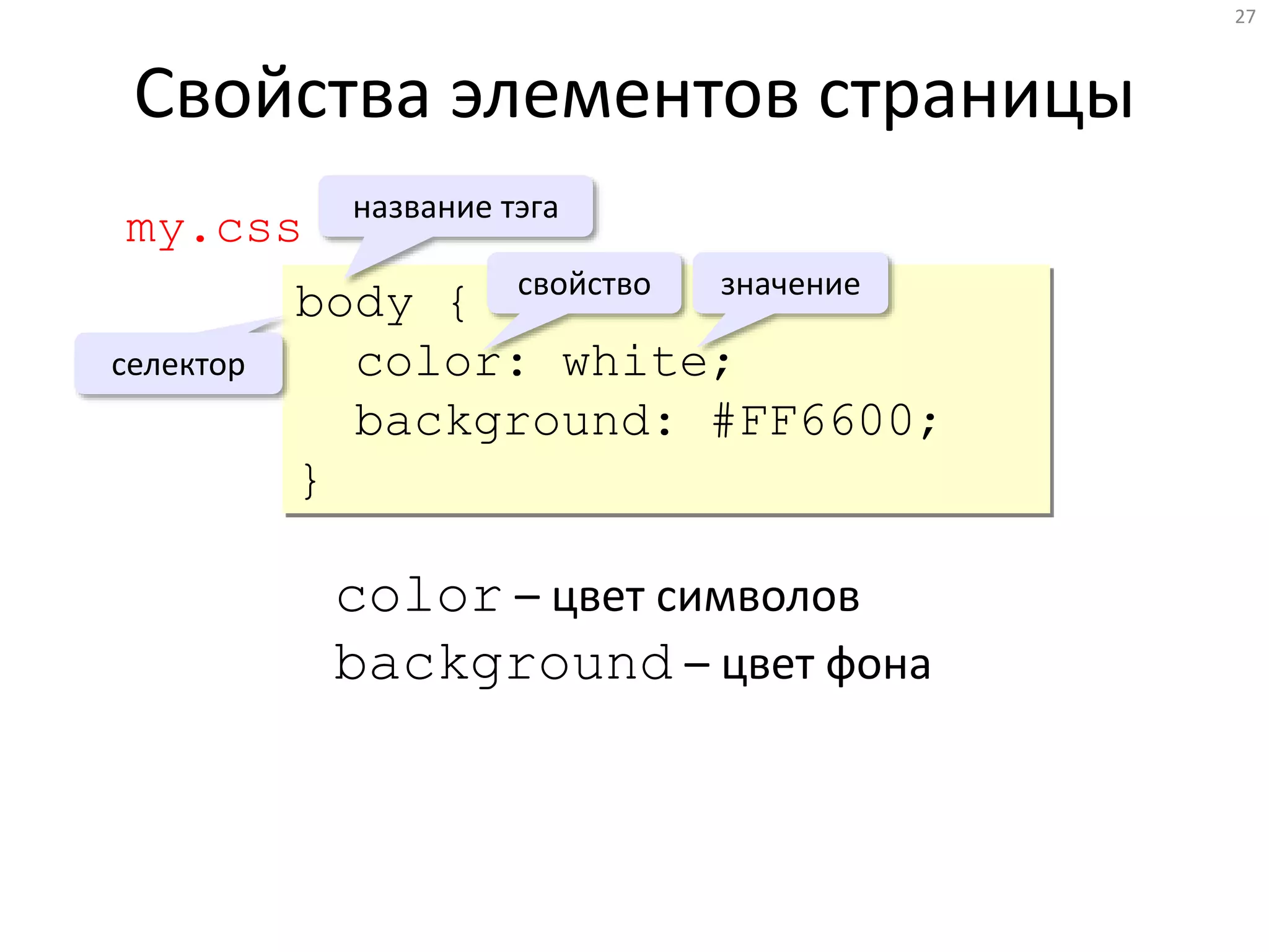 27
Свойства элементов страницы
body {
color: white;
background: #FF6600;
}
название тэга
свойство
селектор
color – цвет символов
background – цвет фона
my.css
значение
 