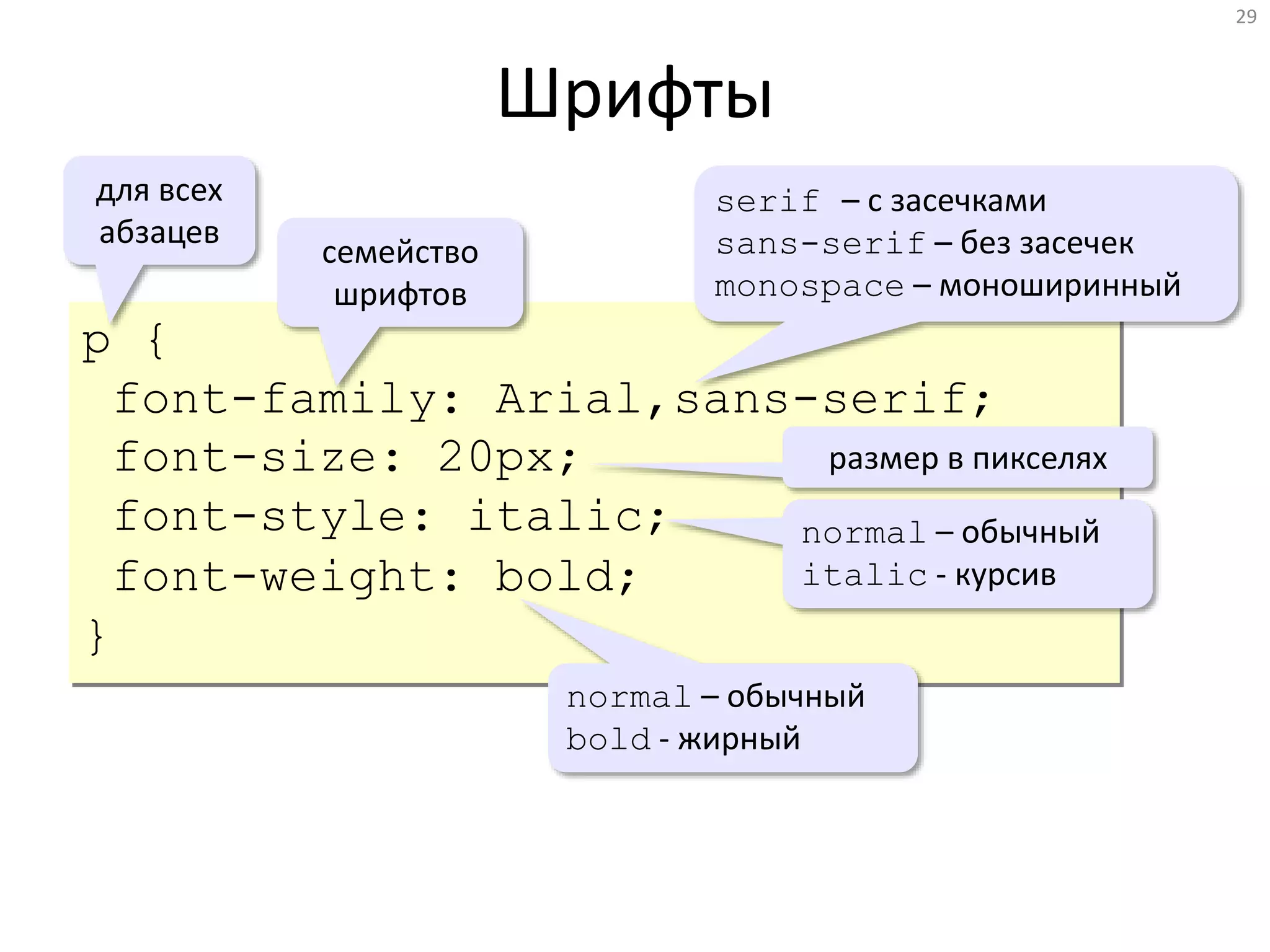29
Шрифты
p {
font-family: Arial,sans-serif;
font-size: 20px;
font-style: italic;
font-weight: bold;
}
для всех
абзацев
семейство
шрифтов
serif – с засечками
sans-serif – без засечек
monospace – моноширинный
размер в пикселях
normal – обычный
italic - курсив
normal – обычный
bold - жирный
 