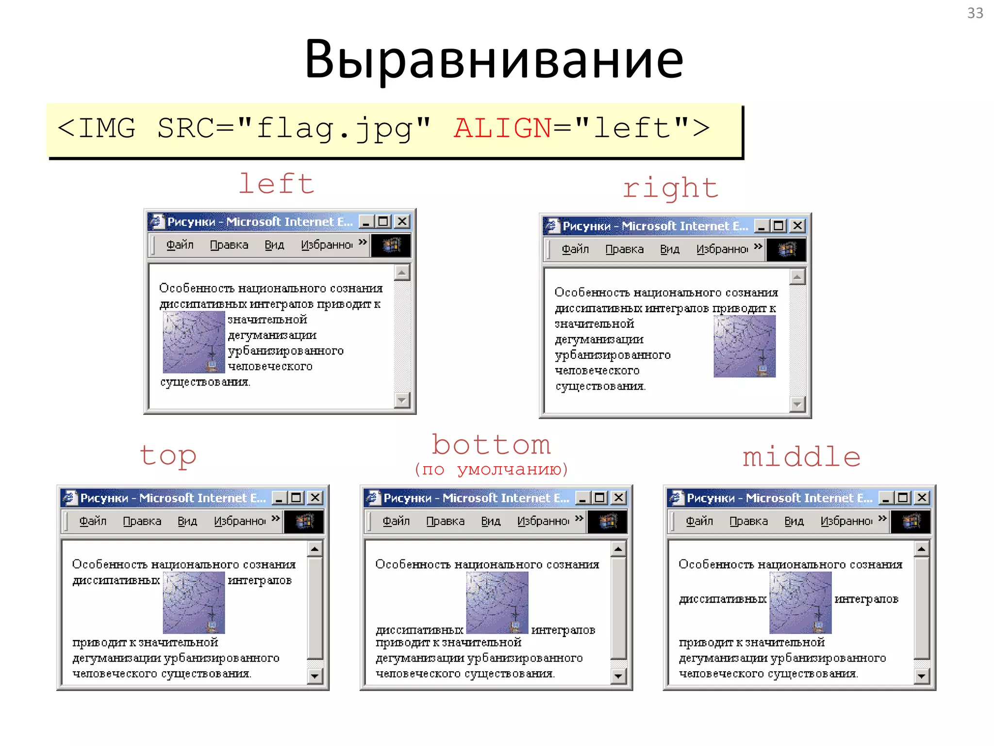 33
Выравнивание
<IMG SRC="flag.jpg" ALIGN="left">
left right
top bottom
(по умолчанию) middle
 