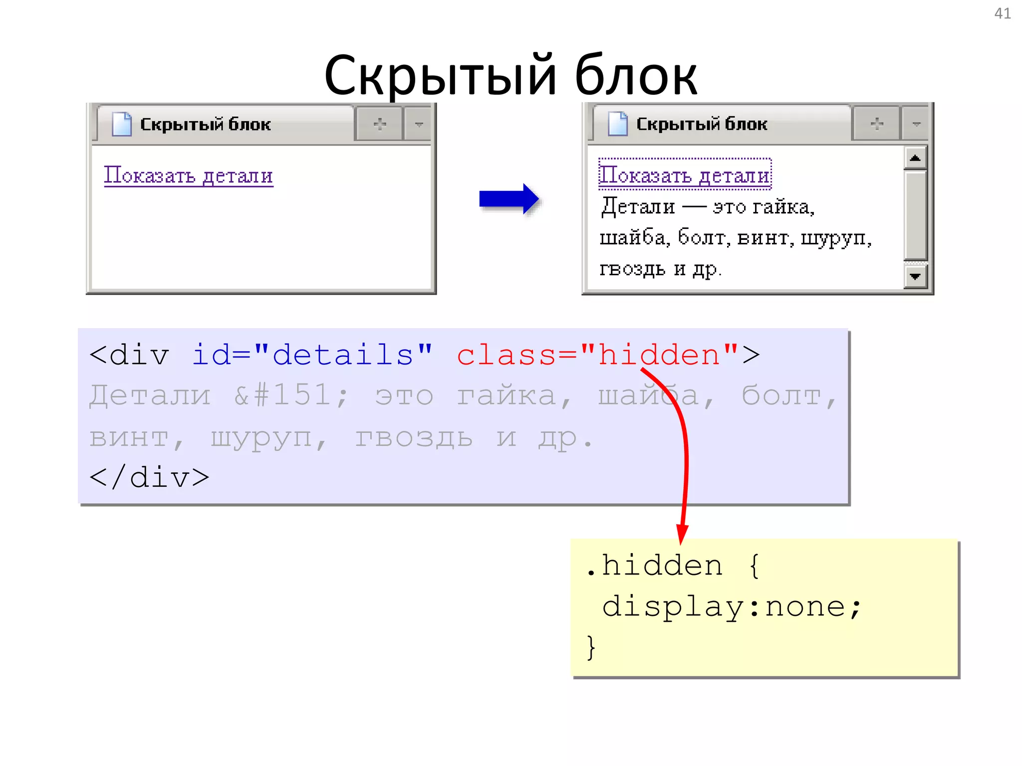 41
Скрытый блок
<div id="details" class="hidden">
Детали &#151; это гайка, шайба, болт,
винт, шуруп, гвоздь и др.
</div>
.hidden {
display:none;
}
 