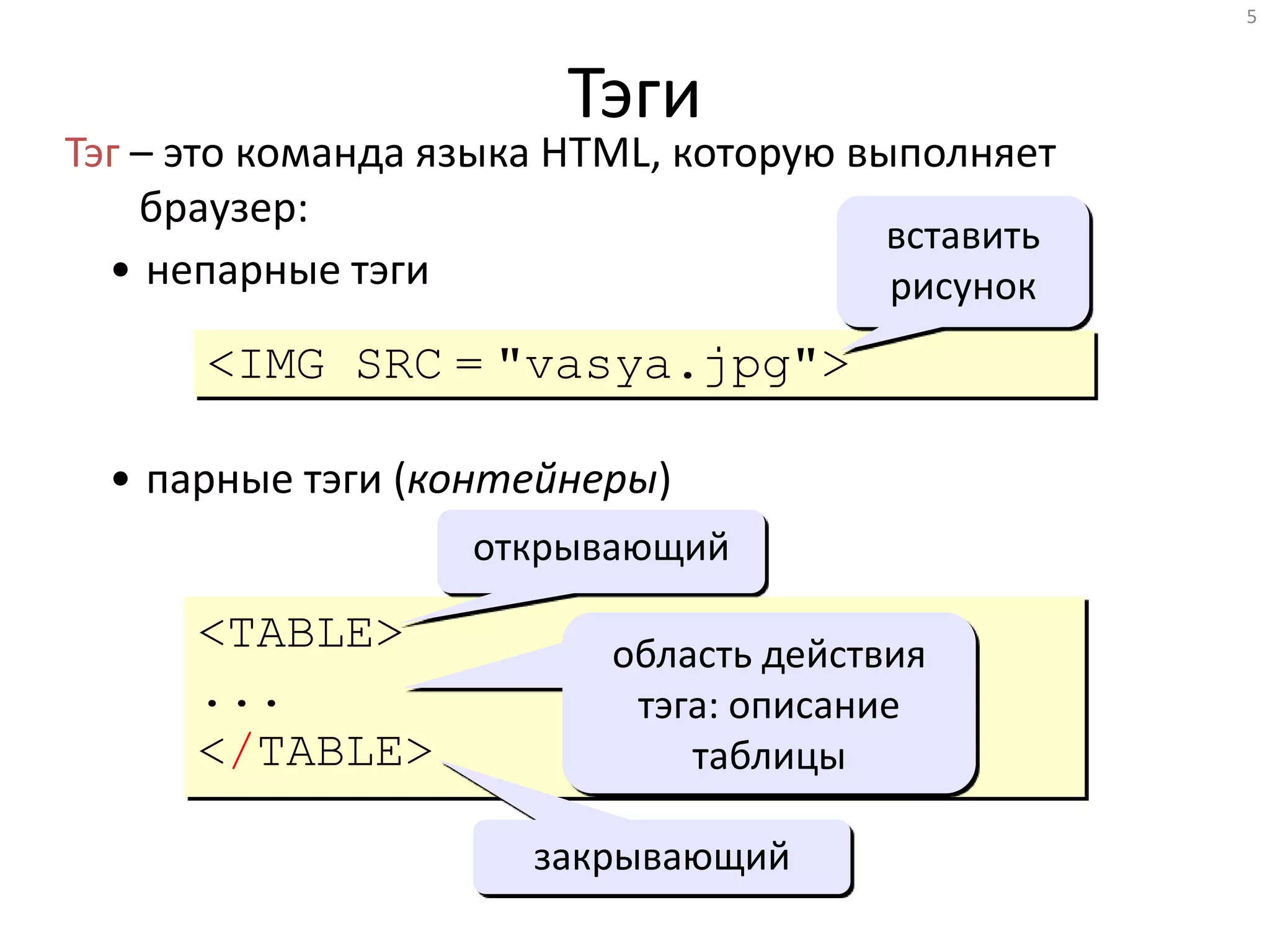 5
Тэги
Тэг – это команда языка HTML, которую выполняет
браузер:
• непарные тэги
• парные тэги (контейнеры)
<IMG SRC = "vasya.jpg">
вставить
рисунок
<TABLE>
...
</TABLE>
открывающий
закрывающий
область действия
тэга: описание
таблицы
 