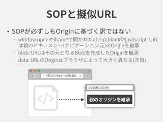 SOPと擬似URL
• SOPが必ずしもOriginに基づく訳ではない
window.openやiframeで開かれたabout:blankやjavascript: URL
は親のドキュメント(ナビゲーション元)のOriginを継承
blob: URLはその元となるBlobを作成したOriginを継承
data: URLのOriginはブラウザによって大きく異なる(次頁)
親のオリジンを継承
 