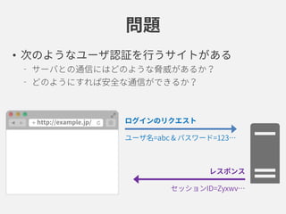 問題
• 次のようなユーザ認証を行うサイトがある
サーバとの通信にはどのような脅威があるか？
どのようにすれば安全な通信ができるか？
ログインのリクエスト
ユーザ名=abc & パスワード=123…
レスポンス
セッションID=Zyxwv…
 