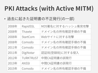 PKI Attacks (with Active MITM)
• 過去に起きた証明書の不正発行(の一部)
2008年 RapidSSL MD5署名に対するハッシュ衝突攻撃
2008年 Thawte ドメイン名の所有確認手順の不備
2008年 S...