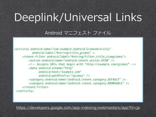 Deeplink/Universal  Links
<activity android:name="com.example.android.GizmosActivity"
android:label="@string/title_gizmos" >
<intent-filter android:label="@string/filter_title_viewgizmos">
<action android:name="android.intent.action.VIEW" />
<!-- Accepts URIs that begin with "http://example.com/gizmos” -->
<data android:scheme="http"
android:host="example.com"
android:pathPrefix="/gizmos" />
<category android:name="android.intent.category.DEFAULT" />
<category android:name="android.intent.category.BROWSABLE" />
</intent-filter>
</activity>
https://developers.google.com/app-‐‑‒indexing/webmasters/app?hl=ja
Android  マニフェスト  ファイル
 