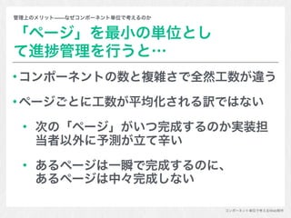 コンポーネント単位で考えるWeb制作
管理上のメリット̶̶なぜコンポーネント単位で考えるのか
「ページ」を最小の単位とし
て進 管理を行うと…
コンポーネントの数と複雑さで全然工数が違う
ページごとに工数が平均化される訳ではない
次の「ページ」がいつ完成するのか実装担
当者以外に予測が立て辛い
あるページは一瞬で完成するのに、 
あるページは中々完成しない
 