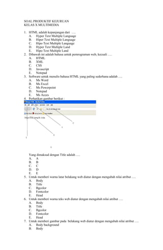 SOAL PRODUKTIF KEJURUAN
KELAS X MULTIMEDIA
1. HTML adalah kepanjangan dari ….
A. Hyper Text Multiple Language
B. Hiper Text Multiple Language
C. Hipo Text Multiple Language
D. Hyper Text Multiple Land
E. Hipo Text Multiple Land
2. Dibawah ini adalah bahasa untuk pemrograman web, kecuali ….
A. HTML
B. XML
C. CSS
D. Javascript
E. Notepad
3. Software untuk menulis bahasa HTML yang paling sederhana adalah ….
A. Ms Word
B. Ms Excel
C. Ms Powerpoint
D. Notepad
E. Ms Acces
4. Perhatikan gambar berikut :
Yang dimaksud dengan Title adalah ….
A. A
B. B
C. C
D. D
E. E
5. Untuk memberi warna latar belakang web diatur dengan mengubah nilai atribut ….
A. Body
B. Title
C. Bgcolor
D. Fontcolor
E. Head
6. Untuk memberi warna teks web diatur dengan mengubah nilai atribut ….
A. Body
B. Title
C. Bgcolor
D. Fontcolor
E. Head
7. Untuk memberi gambar pada belakang web diatur dengan mengubah nilai atribut ….
A. Body background
B. Body
 