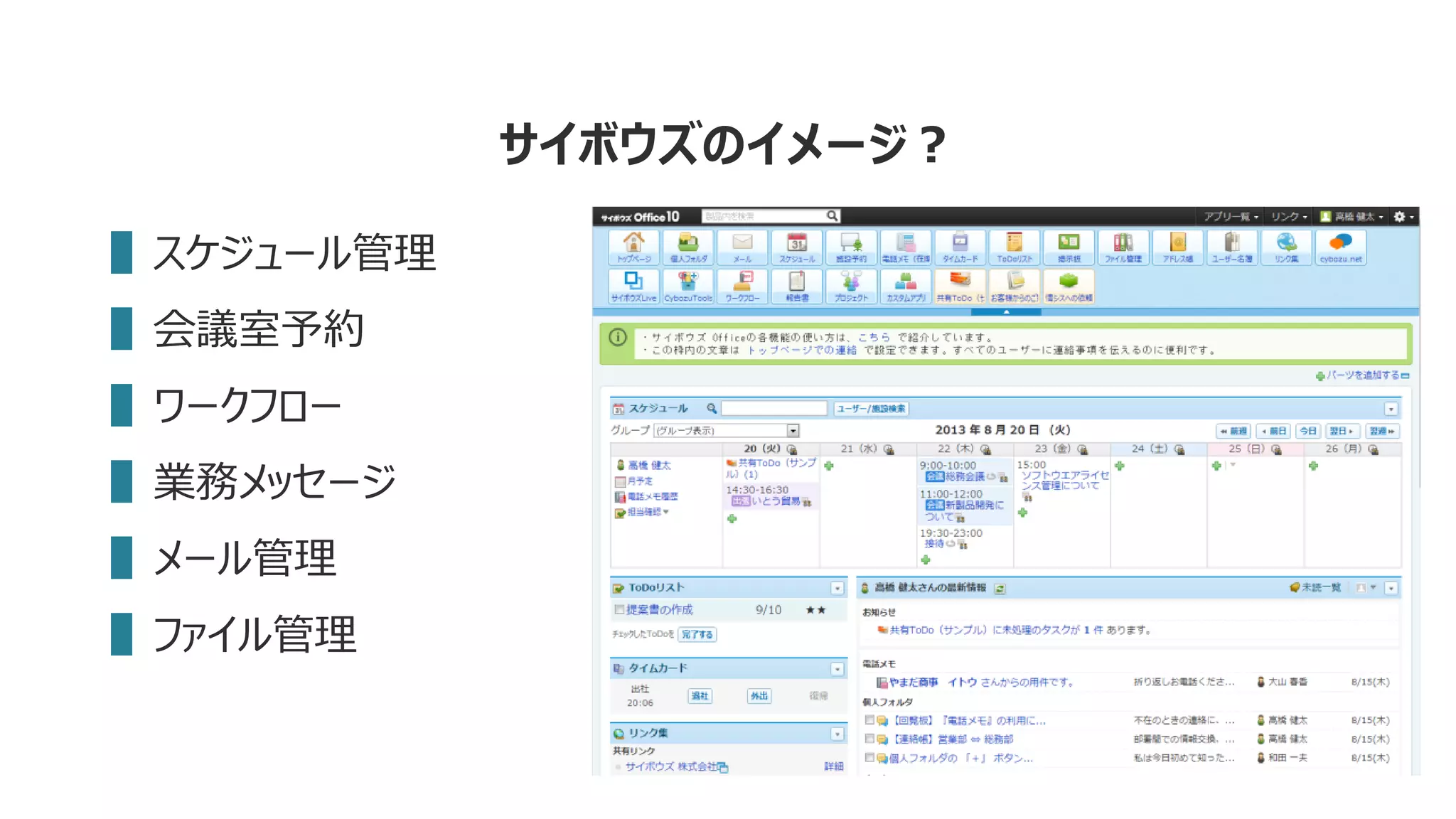 サイボウズのイメージ？
▌スケジュール管理
▌会議室予約
▌ワークフロー
▌業務メッセージ
▌メール管理
▌ファイル管理
 