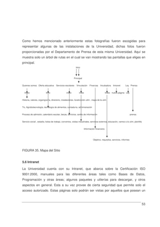 53
Como hemos mencionado anteriormente estas fotografías fueron escogidas para
representar algunas de las instalaciones de la Universidad, dichas fotos fueron
proporcionadas por el Departamento de Prensa de esta misma Universidad. Aquí se
muestra solo un árbol de rutas en el cual se van mostrando las pantallas que eliges en
principal.
Intro
Principal
Quienes somos Oferta educativa Servicios escolares Vinculación Finanzas Incubadora Intranet Ley Prensa
Index Intro index index Index nueva página Ley
Historia, valores, organigrama, directorio, instalaciones, localización utim , mapa de la utim
Tic, Agrobiotecnología, tecnología de alimentos, contaduría, administración
Proceso de admisión, calendario escolar, becas, servicios, centro de información prensa
Servicio social , estadía, bolsa de trabajo, convenios, visitas industriales, servicios externos, educación, vamos a la utim, plantilla
Información financiera
Objetivo, requisitos, servicios, informes
FIGURA 35. Mapa del Sitio
5.6 Intranet
La Universidad cuenta con su Intranet, que abarca sobre la Certificación ISO
9001:2000, manuales para las diferentes áreas tales como Bases de Datos,
Programación y otras áreas; algunos paquetes y utilerías para descargar, y otros
aspectos en general. Esta a su vez provee de cierta seguridad que permite solo el
acceso autorizado. Estas páginas solo podrán ser vistas por aquellos que posean un
 