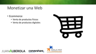 Monetizar una Web
• Ecommerce
• Venta de productos físicos
• Venta de productos digitales
 