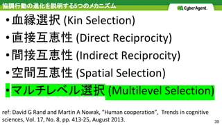 39
協調行動の進化を説明する5つのメカニズム
•血縁選択
•直接互恵性
•間接互恵性
•空間互恵性
•マルチレベル選択
 