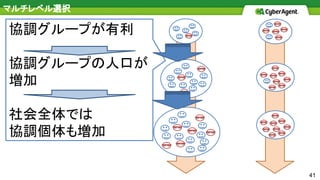 41
マルチレベル選択
協調グループが有利
協調グループの人口が
増加
社会全体では
協調個体も増加
 