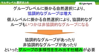 マルチレベル選択まとめ
グループレベルに掛かる自然選択により、
協調的なグループは増大
個人レベルに掛かる自然選択により、協調的なグ
ループもいつかは非協調的なグループになる
協調的なグループがあったり
非協調的なグループがあったり
といったグループの多様性を生み出す仕組みが必要
 