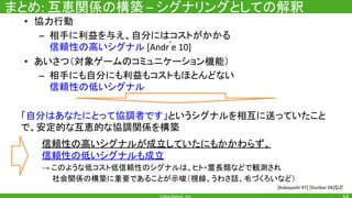 まとめ 互恵関係の構築 シグナリングとしての解釈
• 協力行動
– 相手に利益を与え、自分にはコストがかかる
信頼性の高いシグナル ́
• あいさつ（対象ゲームのコミュニケーション機能）
– 相手にも自分にも利益もコストもほとんどない
信頼性の低いシグナル
「自分はあなたにとって協調者です」というシグナルを相互に送っていたこと
で、安定的な互恵的な協調関係を構築
信頼性の高いシグナルが成立していたにもかかわらず、
信頼性の低いシグナルも成立
→ このような低コスト低信頼性のシグナルは、ヒト・霊長類などで観測され
　　社会関係の構築に重要であることが示唆（視線、うわさ話、毛づくろいなど）
など
 