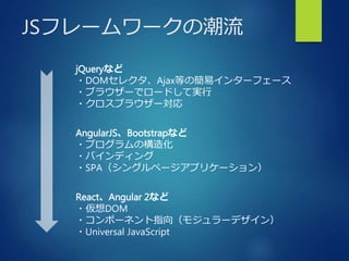 JSフレームワークの潮流
jQueryなど
・DOMセレクタ、Ajax等の簡易インターフェース
・ブラウザーでロードして実行
・クロスブラウザー対応
AngularJS、Bootstrapなど
・プログラムの構造化
・バインディング
・SPA（シングルページアプリケーション）
React、Angular 2など
・仮想DOM
・コンポーネント指向（モジュラーデザイン）
・Universal JavaScript
 