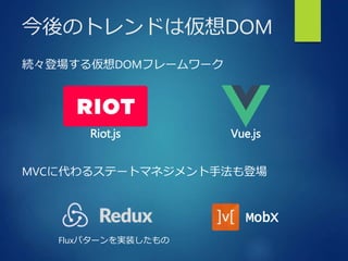 今後のトレンドは仮想DOM
Riot.js Vue.js
MVCに代わるステートマネジメント手法も登場
続々登場する仮想DOMフレームワーク
MobX
Fluxパターンを実装したもの
 