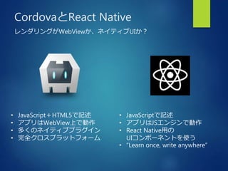 CordovaとReact Native
レンダリングがWebViewか、ネイティブUIか？
• JavaScript＋HTML5で記述
• アプリはWebView上で動作
• 多くのネイティブプラグイン
• 完全クロスプラットフォーム
• JavaScriptで記述
• アプリはJSエンジンで動作
• React Native用の
UIコンポーネントを使う
• “Learn once, write anywhere”
 