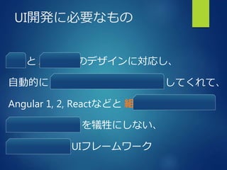 UI開発に必要なもの
iOS と Android のデザインに対応し、
自動的に プラットフォームを識別 してくれて、
Angular 1, 2, Reactなどと 組み合わせられる 、
パフォーマンス を犠牲にしない、
無料で使える UIフレームワーク
 