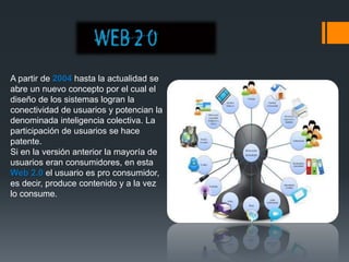 .
A partir de 2004 hasta la actualidad se
abre un nuevo concepto por el cual el
diseño de los sistemas logran la
conectividad de usuarios y potencian la
denominada inteligencia colectiva. La
participación de usuarios se hace
patente.
Si en la versión anterior la mayoría de
usuarios eran consumidores, en esta
Web 2.0 el usuario es pro consumidor,
es decir, produce contenido y a la vez
lo consume.
 