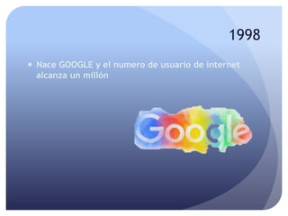 1998
 Nace GOOGLE y el numero de usuario de internet
alcanza un millón
 
