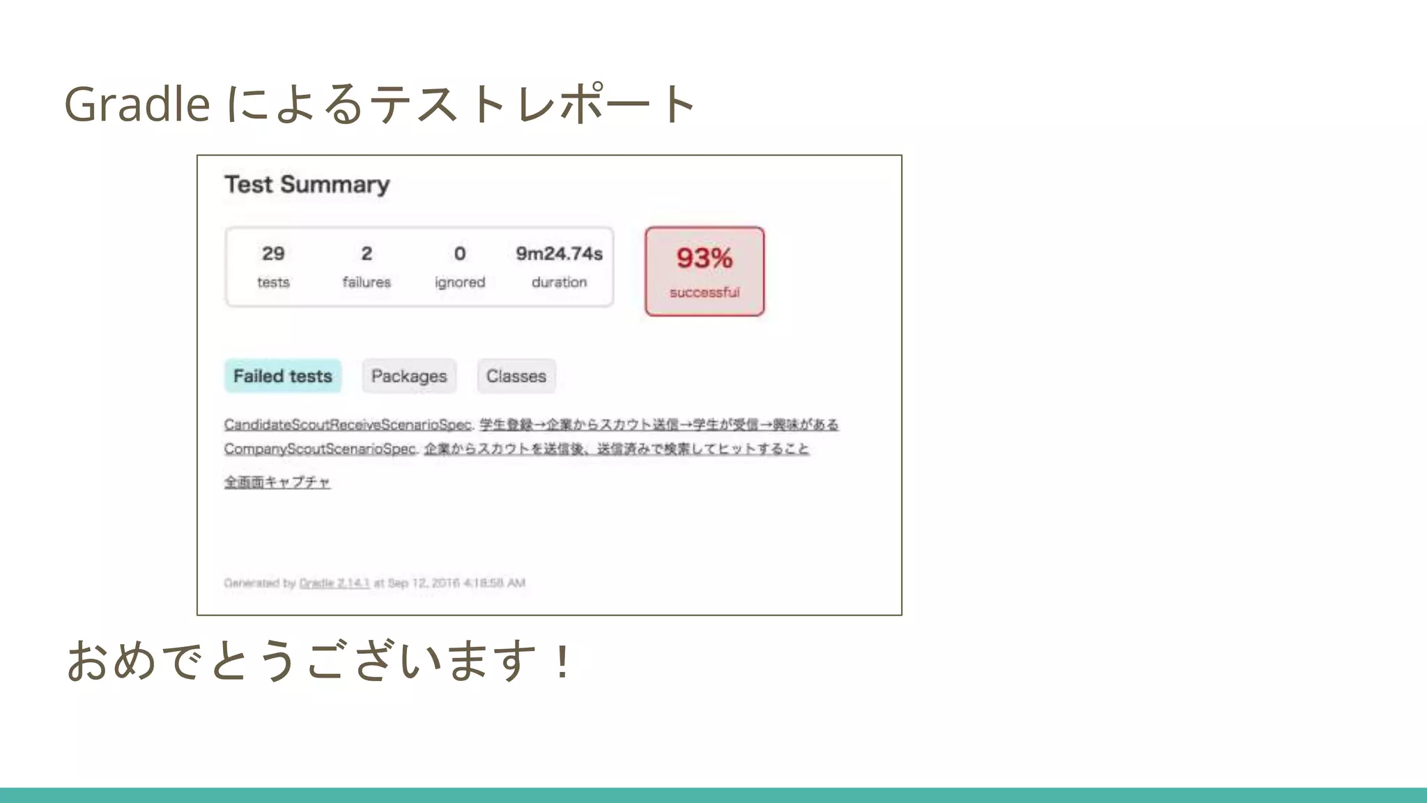Gradle によるテストレポート
おめでとうございます！
 