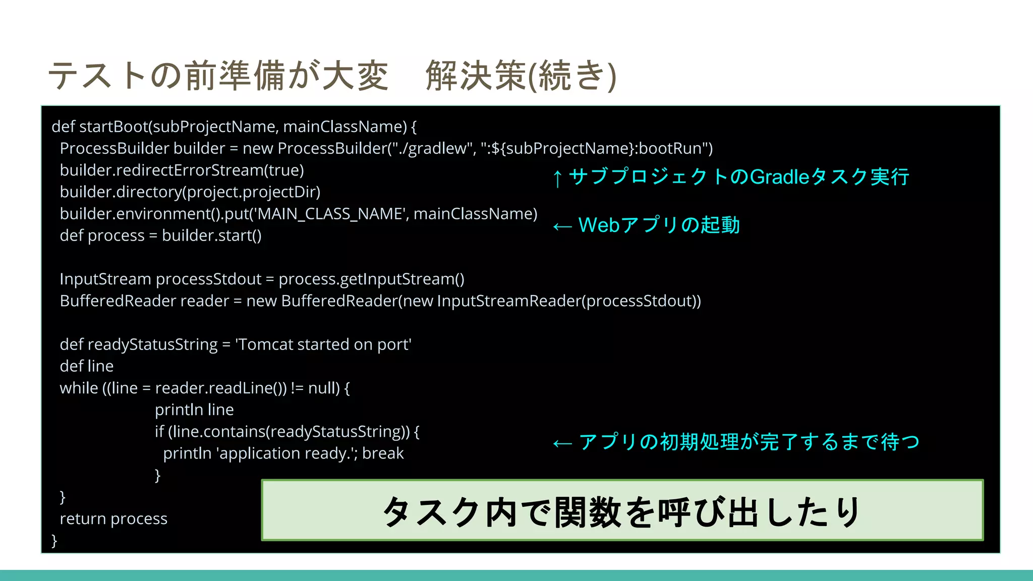 テストの前準備が大変 解決策(続き)
def startBoot(subProjectName, mainClassName) {
ProcessBuilder builder = new ProcessBuilder("./gradlew", ":${subProjectName}:bootRun")
builder.redirectErrorStream(true)
builder.directory(project.projectDir)
builder.environment().put('MAIN_CLASS_NAME', mainClassName)
def process = builder.start()
InputStream processStdout = process.getInputStream()
BufferedReader reader = new BufferedReader(new InputStreamReader(processStdout))
def readyStatusString = 'Tomcat started on port'
def line
while ((line = reader.readLine()) != null) {
println line
if (line.contains(readyStatusString)) {
println 'application ready.'; break
}
}
return process
}
↑ サブプロジェクトのGradleタスク実行
← Webアプリの起動
← アプリの初期処理が完了するまで待つ
タスク内で関数を呼び出したり
 