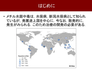 はじめに
• メチル水銀中毒は，水俣病，新潟水俣病として知られ
ているが，発展途上国を中心に，今なお，散発的に，
発生がみられる．このため治療の開発の必要がある．
 