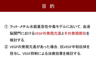 目 的
① ラット・メチル水銀亜急性中毒モデルにおいて，血液
脳関門におけるVEGFの発現亢進とその発現部位を
検討する．
② VEGFの発現亢進があった場合，抗VEGF中和抗体を
投与し，VEGF抑制による治療効果を検討する．
 