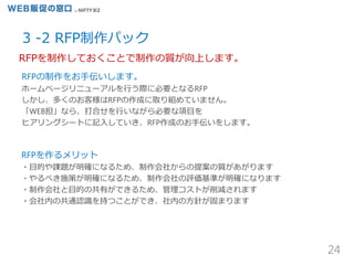 RFPの制作をお手伝いします。
ホームページリニューアルを行う際に必要となるRFP
しかし、多くのお客様はRFPの作成に取り組めていません。
「WEB担」なら、打合せを行いながら必要な項目を
ヒアリングシートに記入していき、RFP作成のお手伝いをします。
24
RFPを作るメリット
・目的や課題が明確になるため、制作会社からの提案の質があがります
・やるべき施策が明確になるため、制作会社の評価基準が明確になります
・制作会社と目的の共有ができるため、管理コストが削減されます
・会社内の共通認識を持つことができ、社内の方針が固まります
3 -2 RFP制作パック
RFPを制作しておくことで制作の質が向上します。
 