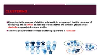 CLUSTERING
◼Clustering is the process of dividing a dataset into groups such that the members of
each group are as similar as possible to one another and different groups are as
dissimilar as possible from one another
◼The most popular distance-based clustering algorithms is ‘k-means’.
 