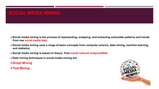 SOCIAL MEDIA MINING
Social media mining is the process of representing, analyzing, and extracting actionable patterns and trends
from raw social media data.
Social media mining uses a range of basic concepts from computer science, data mining, machine learning,
and statistics.
Social media mining is based on theory from social network analysis(SNA)
Data mining techniques in social media mining are:
Graph Mining
Text Mining
 