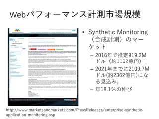 Webѥե`ޥӋyЈҎģ
? Synthetic Monitoring
ϳӋyΥީ`
å
C 2016ƶ919.2M
ɥ루s1102|ң
C 2021ޤǤ2109.7M
ɥ(s2362|)ˤ
Ҋzߡ
C 18.1
http://www.marketsandmarkets.com/PressReleases/enterprise-synthetic-
application-monitoring.asp
 
