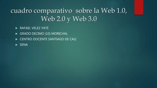 cuadro comparativo sobre la Web 1.0,
Web 2.0 y Web 3.0
 RAFAEL VELEZ YATE
 GRADO DECIMO (10) MORICHAL
 CENTRO DOCENTE SANTIAGO DE CALI
 SENA
 