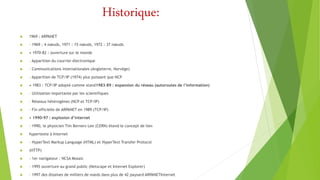 Historique:
 1969 : ARPANET
 – 1969 : 4 nœuds, 1971 : 15 nœuds, 1972 : 37 nœuds
 • 1970-82 : ouverture sur le monde
 – Apparition du courrier électronique
 – Communications internationales (Angleterre, Norvège)
 – Apparition de TCP/IP (1974) plus puissant que NCP
 • 1983 : TCP/IP adopté comme stand1983-89 : expansion du réseau (autoroutes de l’information)
 – Utilisation importante par les scientifiques
 – Réseaux hétérogènes (NCP et TCP/IP)
 – Fin officielle de ARPANET en 1989 (TCP/IP)
 • 1990-97 : explosion d’internet
 – 1990, le physicien Tim Berners Lee (CERN) étend le concept de lien
 hypertexte à Internet
 – HyperText Markup Language (HTML) et HyperText Transfer Protocol
 (HTTP)
 – 1er navigateur : NCSA Mosaic
 – 1995 ouverture au grand public (Netscape et Internet Explorer)
 – 1997 des dizaines de milliers de noeds dans plus de 42 paysard ARPANETInternet
 