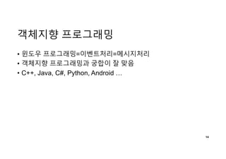 객체지향 프로그래밍
• 윈도우 프로그래밍=이벤트처리=메시지처리
• 객체지향 프로그래밍과 궁합이 잘 맞음
• C++, Java, C#, Python, Android …
14
 