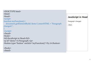 18
<!DOCTYPE html>
<html>
<head>
<script>
function myFunction() {
document.getElementById("demo").innerHTML = "Paragraph
changed.";
}
</script>
</head>
<body>
<h2>JavaScript in Head</h2>
<p id="demo">A Paragraph.</p>
<button type="button" onclick="myFunction()">Try it</button>
</body>
</html>
 