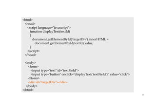 26
<html>
<head>
<script language="javascript">
function displayText(textId)
{
document.getElementById('targetDiv').innerHTML =
document.getElementById(textId).value;
}
</script>
</head>
<body>
<form>
<input type="text" id="textFieId">
<input type="button" onclick="displayText('textFieId')" value="click">
</form>
<div id="targetDiv"></div>
</body>
</html>
 