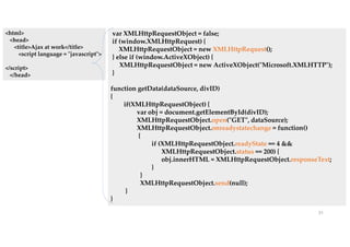 31
<html>
<head>
<title>Ajax at work</title>
<script language = "javascript">
</script>
</head>
var XMLHttpRequestObject = false;
if (window.XMLHttpRequest) {
XMLHttpRequestObject = new XMLHttpRequest();
} else if (window.ActiveXObject) {
XMLHttpRequestObject = new ActiveXObject("Microsoft.XMLHTTP");
}
function getData(dataSource, divID)
{
if(XMLHttpRequestObject) {
var obj = document.getElementById(divID);
XMLHttpRequestObject.open("GET", dataSource);
XMLHttpRequestObject.onreadystatechange = function()
{
if (XMLHttpRequestObject.readyState == 4 &&
XMLHttpRequestObject.status == 200) {
obj.innerHTML = XMLHttpRequestObject.responseText;
}
}
XMLHttpRequestObject.send(null);
}
}
 