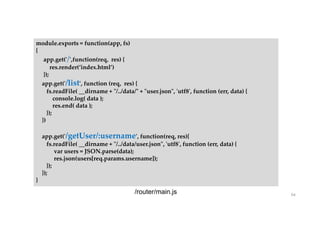 54
module.exports = function(app, fs)
{
app.get('/',function(req, res) {
res.render(‘index.html’)
});
app.get('/list', function (req, res) {
fs.readFile( __dirname + "/../data/" + "user.json", 'utf8', function (err, data) {
console.log( data );
res.end( data );
});
})
app.get('/getUser/:username', function(req, res){
fs.readFile( __dirname + "/../data/user.json", 'utf8', function (err, data) {
var users = JSON.parse(data);
res.json(users[req.params.username]);
});
});
}
/router/main.js
 