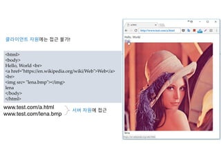 7
<html>
<body>
Hello, World <br>
<a href="https://en.wikipedia.org/wiki/Web">Web</a>
<br>
<img src= "lena.bmp"></img>
lena
</body>
</html>
www.test.com/a.html
www.test.com/lena.bmp
서버 자원에 접근
http://www.test.com/a.html
클라이언트 자원에는 접근 불가!
 